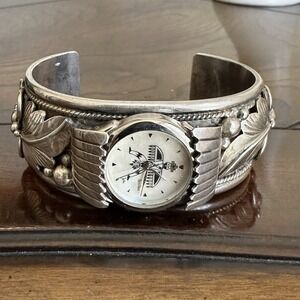 VTG William Singer Navajo Watch Open‎ Cuff Bracelet Size 6 Sterling 70.7g Works